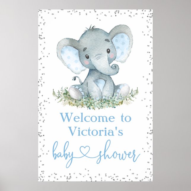 Välkomstskylt för Boy Elephant Glitter Baby Shower Poster (Framsidan)