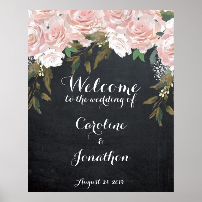 Välkomstskylt för bröllop elegant rosa blomster poster (Framsidan)