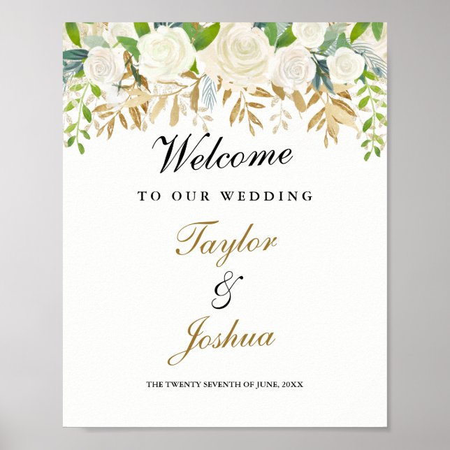 Välkomstskylt för bröllop Guld Blommor Löv Akvarel Poster (Framsidan)