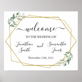 Välkomstskylt för bröllop med grönska guld geometr poster