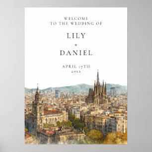Välkomstskylt för bröllop med vy över Barcelona Poster