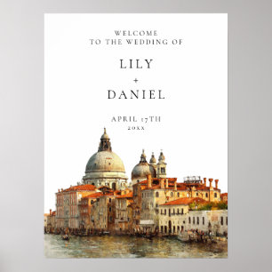 Välkomstskylt för bröllop med vy över Venedig Poster