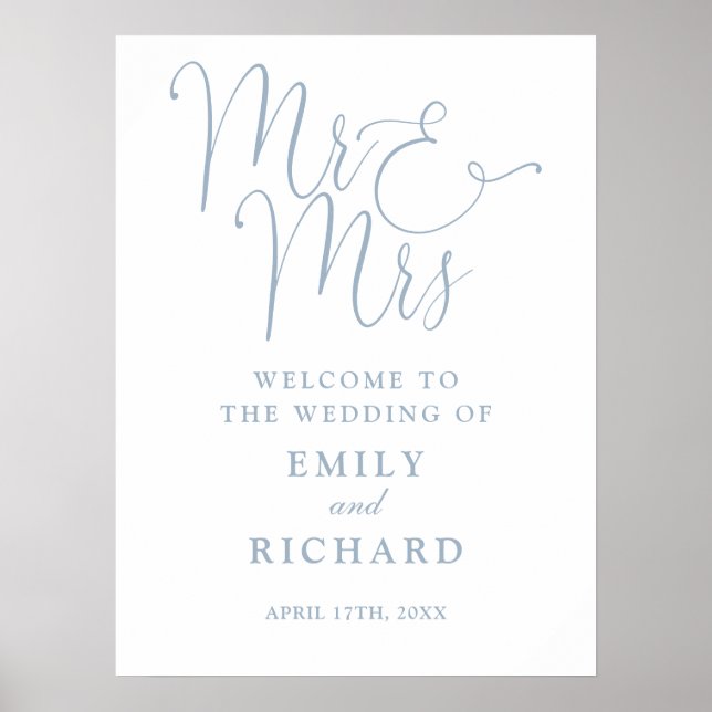 Välkomstskylt för bröllop Mr And Mrs Dusty Blue Poster (Framsidan)
