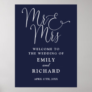 Välkomstskylt för bröllop Mr And Mrs Navy Blue Poster