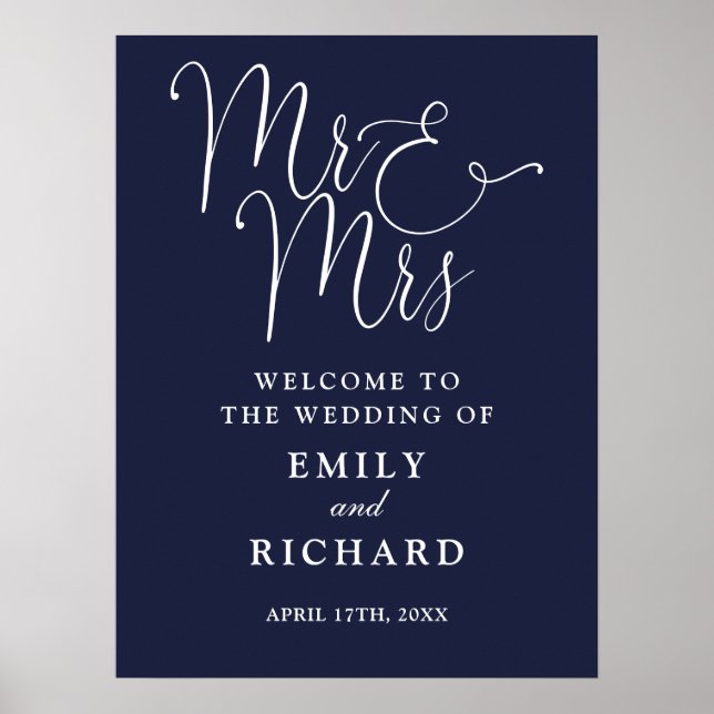 Välkomstskylt för bröllop Mr And Mrs Navy Blue Poster (Framsidan)