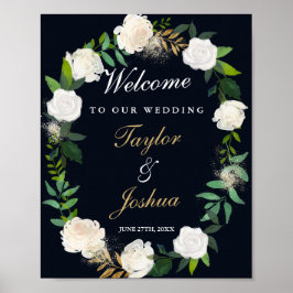 Välkomstskylt för bröllop Navy blomsterkrans Poster