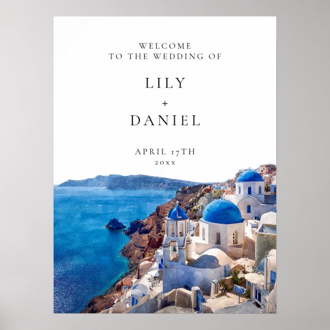 Välkomstskylt för bröllop på Santorini Grekland Poster (Framsidan)