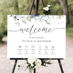 välkomstskylt för bröllop, vit blått Blommigt för Poster