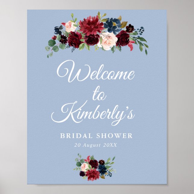 välkomstskylt för bröllopsdusch i burgundy och dam poster (Framsidan)
