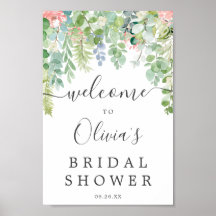 Välkomstskylt för bröllopsdusch med mjuk grönska