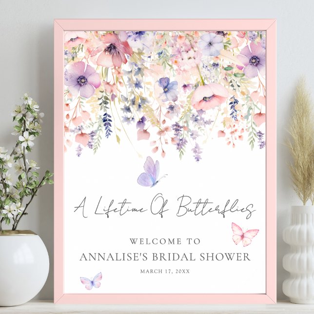 Välkomstskylt för bröllopsdusch med vilda blommor  poster (Wildflower Butterfly Bridal Shower Welcome Sign)