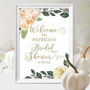 Välkomstskylt för bröllopsfest med blommande pumpa poster