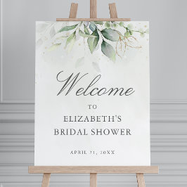Välkomstskylt för bröllopsfest med eukalyptusgröns poster