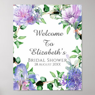 Välkomstskylt för bröllopsfest med lila Hydrangeas Poster
