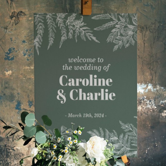 Välkomstskylt för bröllopsfest med ormbunkslandska poster (Skapare uppladdad)