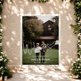 Välkomstskylt för bröllopsfoto med hjärta och skri poster