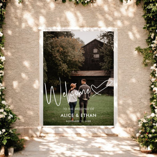 Välkomstskylt för bröllopsfoto med hjärta och skri poster