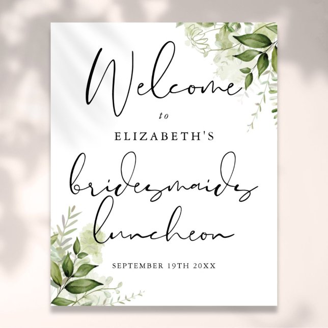 Välkomstskylt för brudtärnarnas lunch med grönska poster (Greenery Bridesmaids Luncheon Welcome Sign)