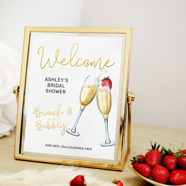 Välkomstskylt för Brunch och BubLY Champagne Glass Poster (Brunch & Bubbly welcome sign from my Strawberries and Champagne bridal shower collection)