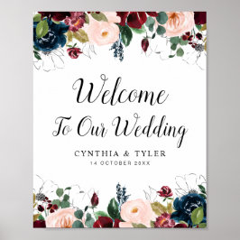 välkomstskylt för burgundisk och marin blommigt br poster