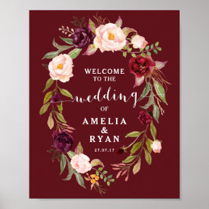 Välkomstskylt för Burgundy Blommigt Bröllop Poster