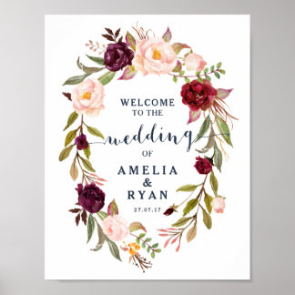 Välkomstskylt för Burgundy Blommigt Navy Bröllop Poster