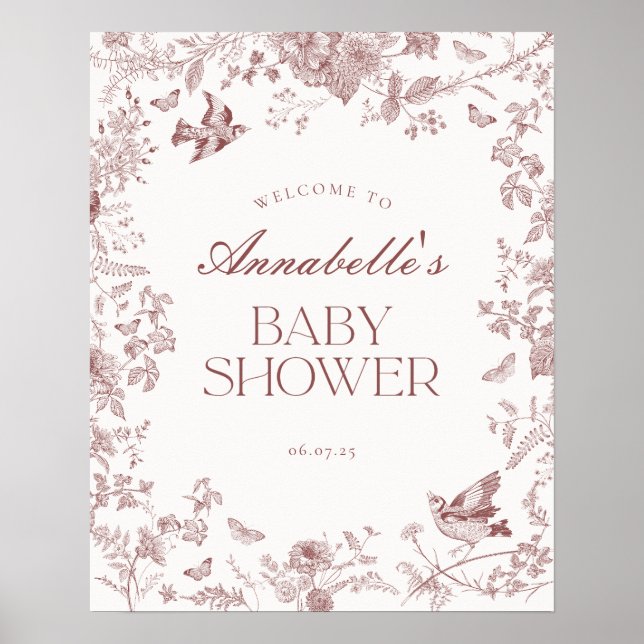 Välkomstskylt för Burgundy-Blommigten Baby Shower Poster (Framsidan)