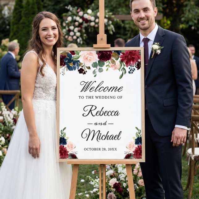 Välkomstskylt för Burgundy  Blue Blommigt Bröllop Poster (Skapare uppladdad)