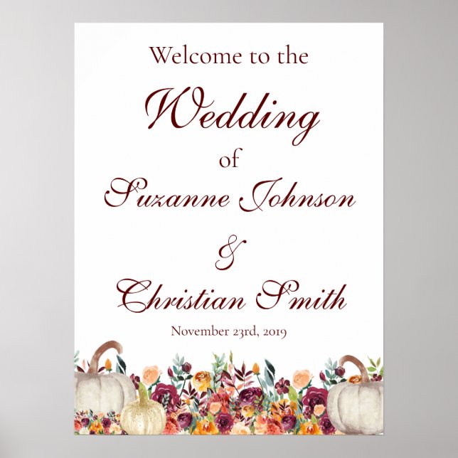 Välkomstskylt för Burgundy Fall Guld Pumpkin Bröll Poster (Framsidan)