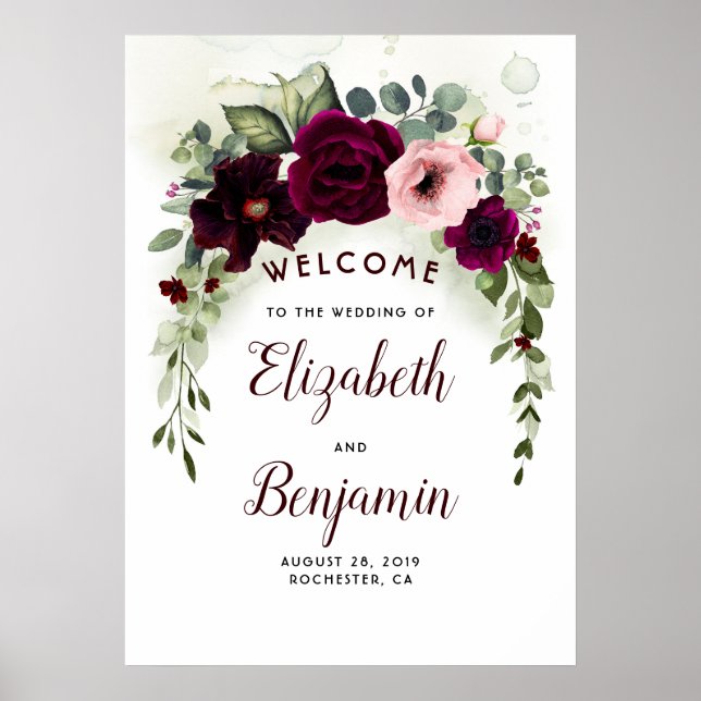 Välkomstskylt för Burgundy Flowers Elegant bröllop Poster (Framsidan)
