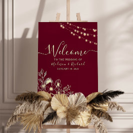 Välkomstskylt för Burgundy Guld Blommigt Bröllop Poster