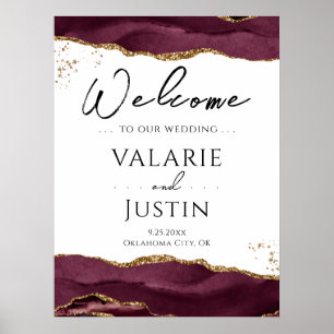 Välkomstskylt för Burgundy Guld Glitter Agate Bröl Poster
