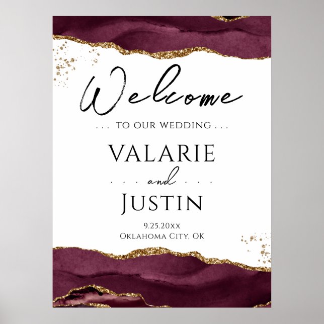 Välkomstskylt för Burgundy Guld Glitter Agate Bröl Poster (Framsidan)