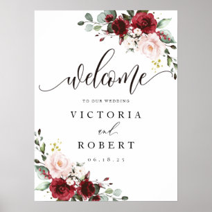 Välkomstskylt för Burgundy och Blommigt Bröllop Poster
