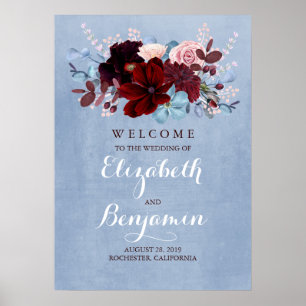 Välkomstskylt för Burgundy och Dusty Blue Bröllop Poster
