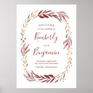 Välkomstskylt för Burgundy och Guld Elegant bröllo Poster
