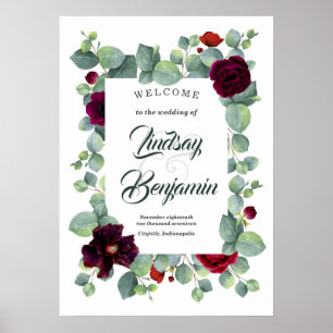 Välkomstskylt för Burgundy Red Blommigt Bröllop Poster