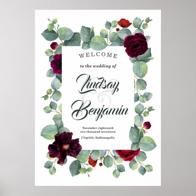 Välkomstskylt för Burgundy Red Blommigt Bröllop Poster (Framsidan)