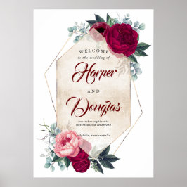 Välkomstskylt för Burgundy Red Blommigt Fall Weddi Poster