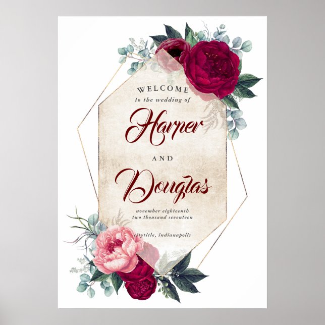 Välkomstskylt för Burgundy Red Blommigt Fall Weddi Poster (Framsidan)