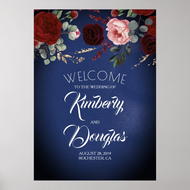 Välkomstskylt för Burgundy Red Blommigt Navy Blue  Poster (Framsidan)