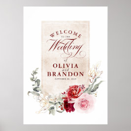 Välkomstskylt för Burgundy Red Flowers Elegant brö Poster