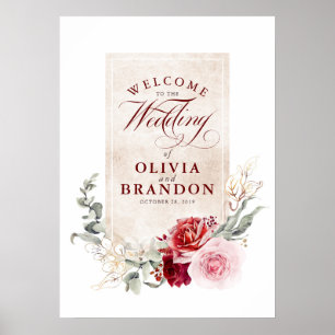 Välkomstskylt för Burgundy Red Flowers Elegant brö Poster