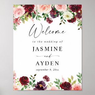 Välkomstskylt för Burgundy &  Rosa 4 Blommigt Poster