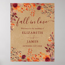 Välkomstskylt för Burgundy Rustic Fall i Kärlek Br Poster