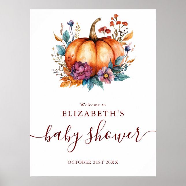 Välkomstskylt för Burgundy Rustic Pumpkin Baby Sho Poster (Framsidan)