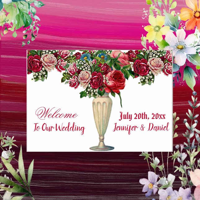 Välkomstskylt för Burgundy Rustic Ro Landsbyggsbrö Poster (Burgundy Rustic Roses Country Wedding Welcome Sign)