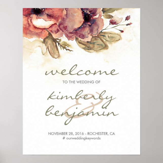 Välkomstskylt för Burgundy Watercolor Flowers Bröl Poster (Framsidan)