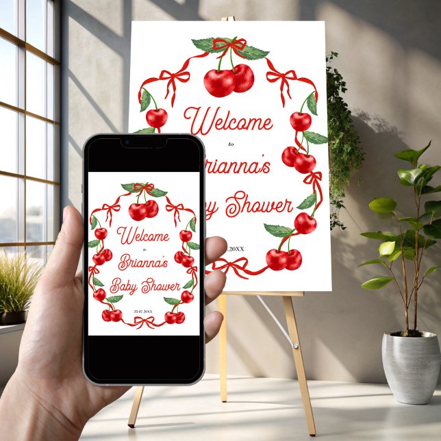 Välkomstskylt för Cherry på översta bandet Poster (Cherry on top red ribbon coquette cherry baby shower welcome sign poster template instant download)