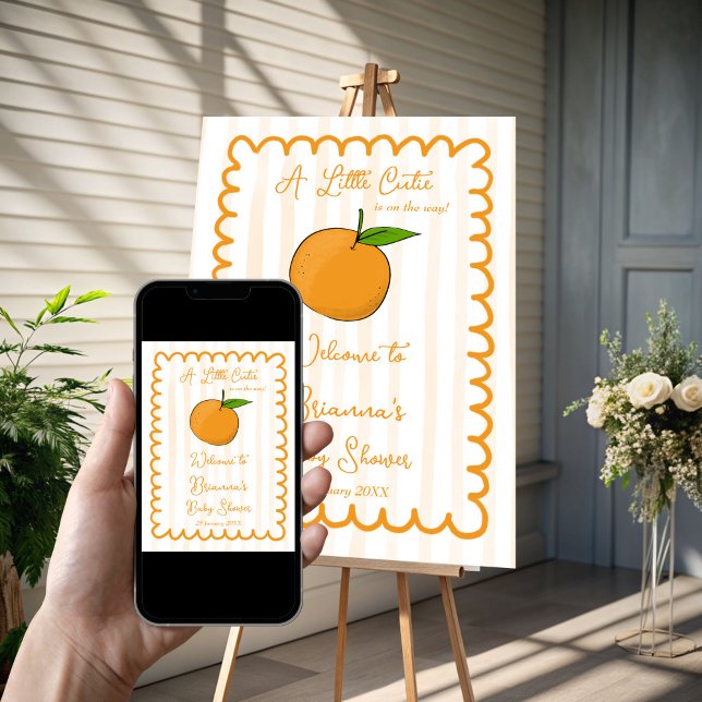 Välkomstskylt för citrusbabydusch poster (A little cutie citrus orange baby shower welcome sign poster template handrawn sketch wavy border)